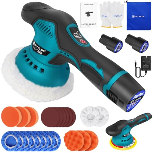 Car Polisher, Electric Car Polisher with 2 Battery Packs and Charger, 8 Variable Speeds 2800-5500RPM, Electronic Display, Rotary Polishing Machines with Sanding Buffing Pads Waxing Cleaning Kit