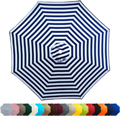 Sonnenschirm Ersatzbezug 2M/2.3M/2.5M/2.7M/3M 6 Streben/8 Streben,UV 50+ Patio Umbrella Cloth Cover Sonnenschirm Strand Garten Runden Sonnenschirm Ersatzteile (8 Streben-3m,Blau Weiß)