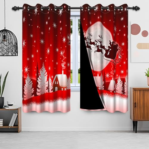 Uiiooazy Tende Natale, Tende Oscurante Rossi Astratta Inverno Foresta Albero di Natale Babbo Natale Tende Oscuranti Termiche Isolante con Occhieli per Camera da Letto Soggiorno, Set di 2, 140x225cm