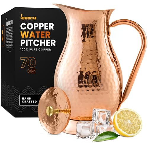 Pure 100% Copper Water Pitcher with Lid - 70 oz Large Copper Jug for Drinking Water - Heavy Duty Handcrafted - Bedside Carafe Vessel Ayurveda Hammered Health Benefits