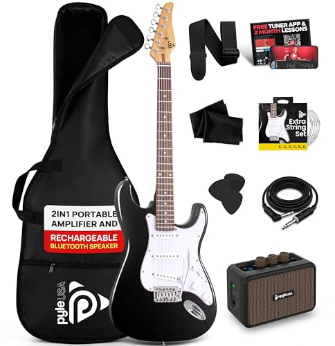 Pyle Electric Guitar and Amp Kit - Full Size 39 Complete Starter Kit with Wearable Bluetooth Amplifier, 1/4” Cable, Carry Case, Strap, Strings, Picks, Cleaning Cloth, ST-Style Pickups (Black)