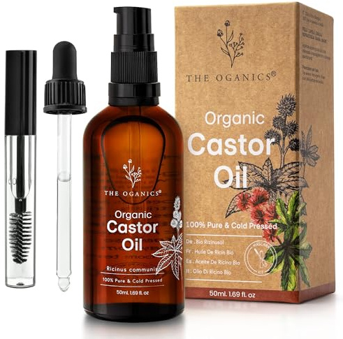 THE OGANICS® Aceite de Ricino Orgánico 50ml – 100% Puro, Natural & Prensado en Frío – Serum Cejas & Pestañas, Crecimiento Cabello, Barba & Uñas – Castor Oil– Botella de Vidrio + Bomba+ Kit de Rímel