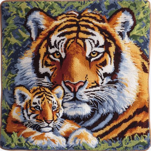 ORLUMY Latch Hook Cushion Kits for Adults Tiger Mother and Cub DIY Latch Hook Kits Yarn Kits Pillow Rug Pattern Arts and Crafts Crochet Needlework 17X17 Inch