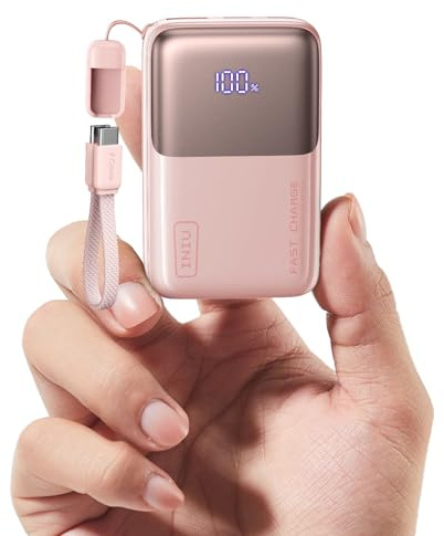 INIU Ultra Mini Powerbank, 10000mAh 45W Schnellladen mit USB C Kabel | Flugtauglich, Reise-Essential, Angebrachtem USB-C Kabel, Externe Handyakkus für iPhone 17 16, Samsung, Zartes Rosa