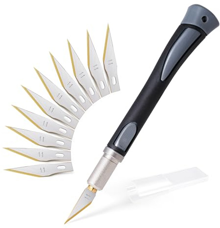 FOSHIO Scalpel avec 10 lames revêtues de titane Cutter de Précision Couteau Professional Cutter Set couteaux et capuchon de protection, scalpel chirurgical, couteau à découper(Gris)