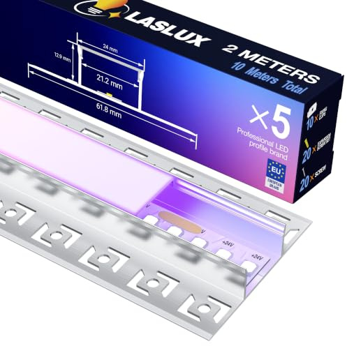LASLUX LED Fliesenprofil 2m × 5 – Aluminium LED Kanalprofil 61,8×13,8mm – 20mm Innenbreite für Fliesenbeleuchtung