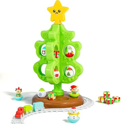 Mi Primer Árbol de Navidad para Niños, Juguete de Decoración Navideña Montessori con Adornos, Mini Tren, Juguetes Rodantes, Marionetas de Dedos, Regalos de Cumpleaños y Navidad para Niños y Niñas