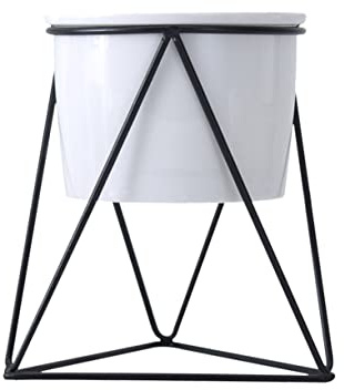 SEWOART Moderner Schwarzer Keramik Blumentopf mit Robustem Eisen Gestell Geometrisches Design Dekorative Hydroponik Vase für Sukkulenten und Kakteen Stilvolle Tischdekoration für Zuhause