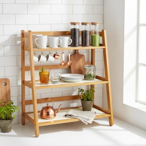 Küchenregal Arbeitsplatte, 3 Tiers Organizer für Die Arbeitsplatte Tassen Organizer Regal Küche Arbeitsplattes, Stehend Küche Aufbewahrung Holzwerkstoff Tassenständer Bambus-Becherhalter für Bar
