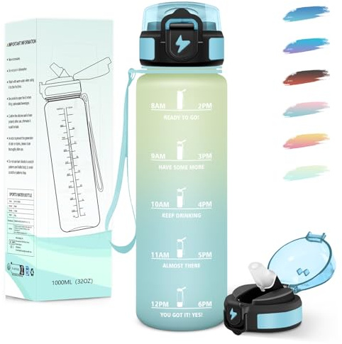 Motswedi Gourde 1l, avec Paille, Gourde Sport, Anti-Fuite, Bouteille, Réutilisable, Bouteille d'eau, avec Marqueur de Temps, pour Fitness, Yoga, Sport, Camping, Gym, Travail, Blanc Cassé-Bleu Clair