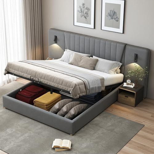 Sapgaks Lit coffre180x200 avec Prise de Charge USB,des liseuses orientables et Espace de Stockage hydraulique,Lit Double,Cadre de lit 180x200 avec sommier à Lattes,Velours (A-Gris)