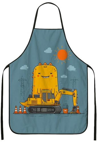 Fun Dinosaur Apron for Cooking, Yellow Cartoon Construction Equipment Kitchen Adult Apron, Summer Playful Design Washable A, Yellow, 24x31 Inch