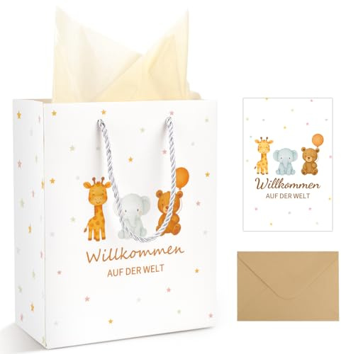 FIDWALL Baby Geschenk Junge Mädchen Geschenktüten zur Geburt mit Henkel Willkommen auf der Welt Babyparty Baby Shower Papiertüten mit Griff und Seidenpapier Verpackung