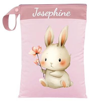 ARTEE Nasstasche für Kita-Wechselwäsche, Wasserdicht, Waschbar, mit Reißverschluss, Personalisierbar, mit Name, für Kindergarten, Strand, Sport (Bunny Flower)