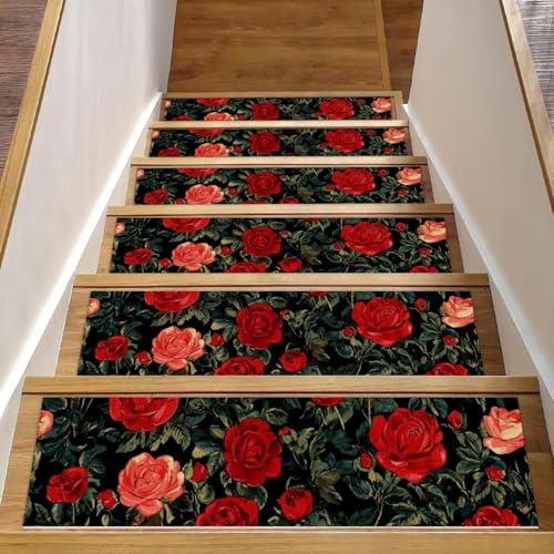 CHENZZZZ Peldaños de escalera de flores rojas para peldaños de madera, 15 piezas de 8 x 30 pulgadas, alfombras antideslizantes para niños, ancianos y perros