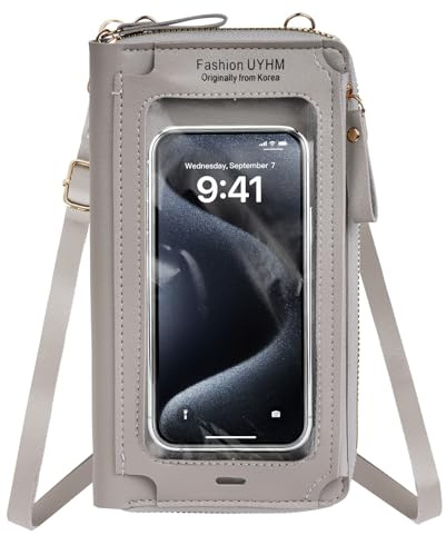Vxcvzv 1Pcs Crossbody Phone Bag, Phone Bags for Women with Transparent Cover and Adjustable Strap, Touch Screen Bags with Compartments for Women Traveling Shopping Daily Use (Grey)