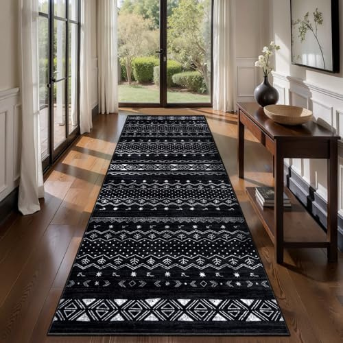 SERISSA Hallway Runner Rug, 2'6x8' Washable Non-Slip Black and White Boho Rug, Soft Low-Pile Geometric Indoor Long Carpet for Kitchen Laundry Room Bathroom Bedroom Entryway