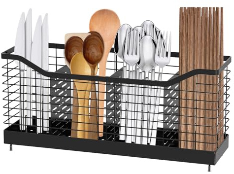 ATopoler Extra Large Kitchen Utensil Holder with 4 Compartments,Black Metal Cooking Tool Organizer 15.7×4.4×7.3inch,Utensil holder for Counter Spatula and Kitchen Utensils (4-compartments)