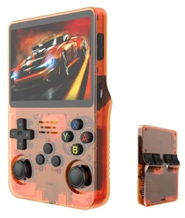 R36S Retro Game Console, Portable Game Console, 3.5 Inch IPS Screen, 64/128GB TF Card, Over 20,000 Pre-installed Games, 3500mAh Battery, Open Source System, Classic Emulator (128G,Orange)