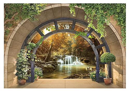 Forwall - Vlies Fototapete Fenster Wasserfall Wald Natur Ausblick 368x254 cm - Fototapeten - Tapeten - für Wohnzimmer Schlafzimmer - Vliestapete Wandtapete Tapete 3D Effekt- inkl. Kleister