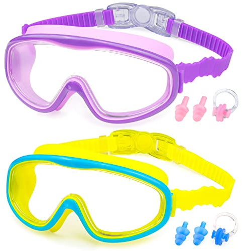 KAILIMENG 2 Pack Kids Swim Goggles, Clear Wide View No-Leak Anti-Fog UV Protection Swimming Glasses with Nose Clip Earplugs for Toddlers Youth Child 3-15 Years Old (Purple & Blue Yellow, 2 Pack)