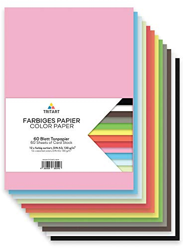 Tritart Tonpapier A3 bunt 130g/m² - 60 Blatt buntes Papier A3 zum Basteln - Bastelpapier Set - Fest und Stabil - Buntpapier - Farbiges Papier - Bastelkarton Pappe
