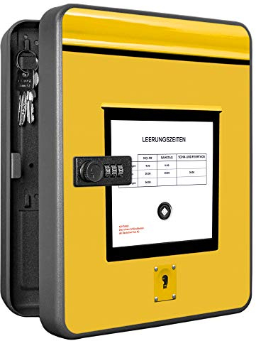 banjado Burg-Wächter abschließbarer Schlüsselkasten für 36 Schlüssel/Schlüsselkasten mit Zahlenschloss 24x30x8cm groß/Schlüsselschrank aus Stahlblech schwarz/Motiv Briefkasten Gelb