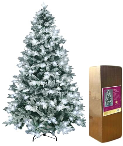 SHATCHI 6Ft/180CM Pre-Lit Lapland Fir Artificial Green Christmas Tree Snow Flocked PE PVC Mixed Tips Hinged Branches Bushy Xmas Home Snowy Decorations, White LEDs and Metal Stand
