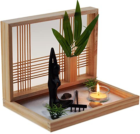 F&G Supplies Wunderschönes, ruhiges Yoga-Zen-Garten-Set mit Holzrahmen, Teelichthalter und Yoga-Skulptur – Set enthält Sand, Rechen und Laub für Ihre eigene kreative Note