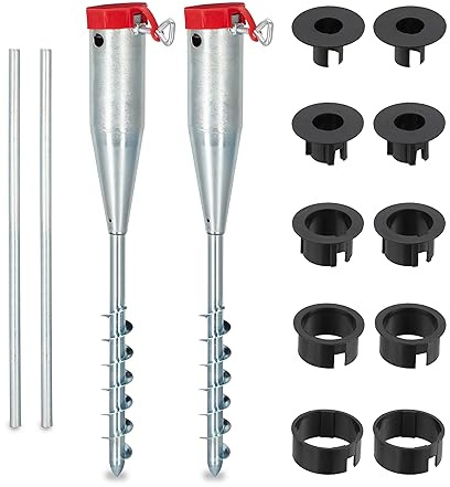 Relaxdays Golvhylsa, set om 2, parasoll och tvättspindel, för vridning, 25–55 mm stångtjocklek, markspik, silver/röd