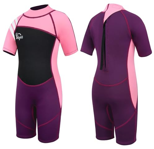 Yikayin våtdräkt barn kort, 2,5 mm neopren Shorty för pojkar flickor, termo UV baddräkt dragkedja för simkurs, dykning, surfing, snorkling – rosa L