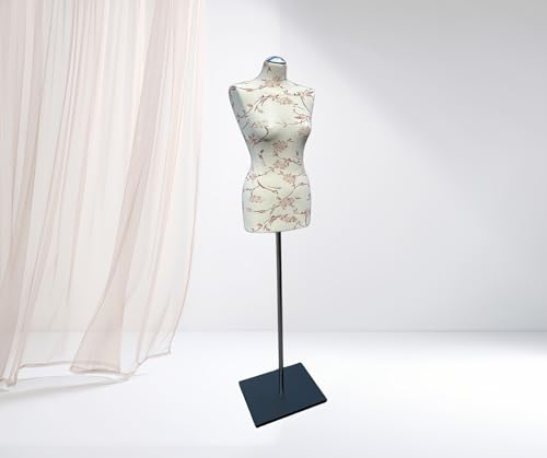 LUSORIA Schneiderpuppe, Schneiderbüste weiblich Ecru - braune Blumen/schwarzer Standfuß (XXL 46/48)