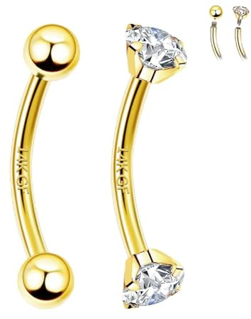ALACLO 2 Pcs 14k Gold Filled Eyebrow Rings, 16G Threaded Rook Piercing Jewelry, Surgical Steel Vertical Lip Labret Belly Tongue Ring Daith Earring Curved Barbells 8mm