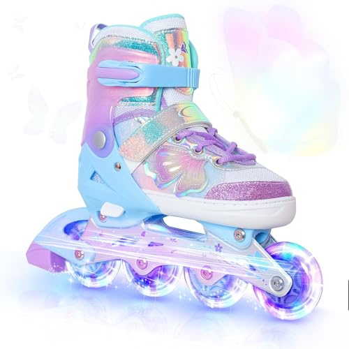 Pattini in linea per bambini per ragazze e ragazzi, con lame viola, per bambini e ragazzi dai 10 ai 11 e 12 anni, con ruote regolabili e illuminate, per sport al chiuso e all'aperto, regalo di
