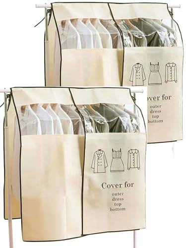 2PCS Copriabiti Antipolvere per Armadio 90 x 110 cm Copertura Protettiva per Stand Appendiabiti in Tessuto Traspirante Copri Stender Vestiti con Finestra Trasparente Visibile (Beige, 90 * 110CM)