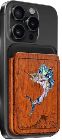 Carveit Porte-Cartes Magnétique Compatible avec MagSafe, Gravure en Bois et Incrustation de Coquille Magnétique Wallet pour iPhone Série 15 Pro/14 Plus/13 mini/12 (Marlin en Plein essor-Rosé Bois)