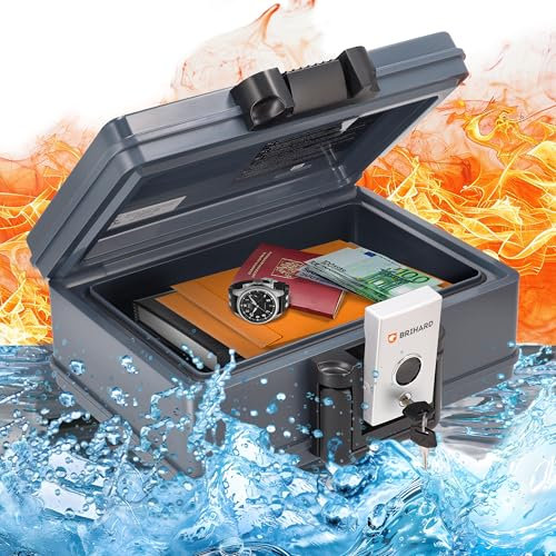 Brihard Caja Fuerte Ignífuga - Caja Fuerte Portátil Certificada 2013, A5 - Caja de Seguridad Resistente al Agua - Caja Caudales con Llave para Objetos de Valor y Documentos 15,4 x 35,4 x 28,2 cm