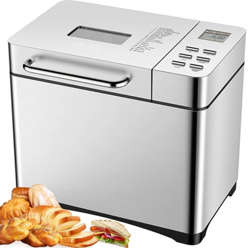 panificadora, máquina de Hacer Pan con dispensador de Frutas y Frutos Secos, 17 menús preestablecidos, Reserva de 15h, Mantenimiento Caliente 1h, 3 Colores de Corteza, Amasado automático, amasadora