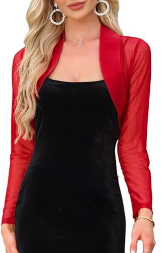 Allegra K Satin Shrug for Women's Evening Dresses Mesh Formal Coverup Open Front Long Sleeve Cropped Bolero Small Red