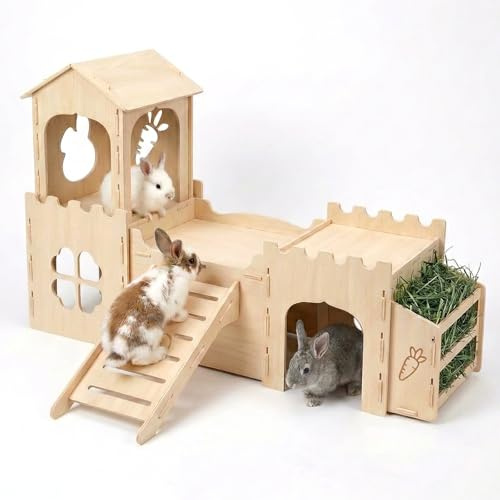 Wooden Rabbit House Extra Large 2-Level Bunny Hideout for Indoor Pets, Castle with Feeder & Stair