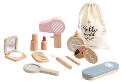 QUXVUIS Kit de maquillaje de Para madera para niños con 12 piezas. Incluye cepillo para el pelo, espejo y herramientas aplicación para un juego interactivo. Juguete simulación Para madera. Kit