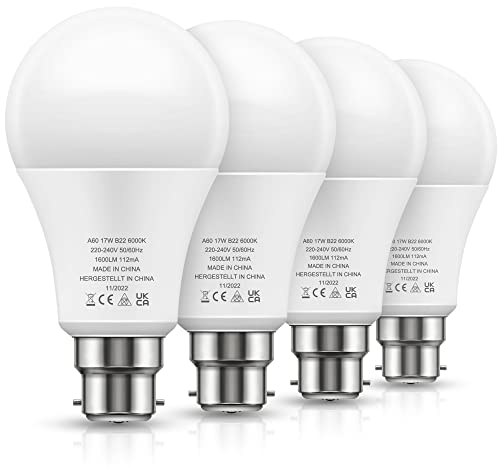 LOHAS B22 LED Bulbs 150W Equivalent, 17W LED Bayonet Light Bulb, Cool White 6000K, Super Bright 1600Lm, Non-Dimmable, Energy Saving Light Bulbs, 4 Pack
