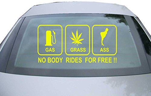 Indigos UG Aufkleber Heckscheibe & Motorklappe - neongelb - 600x285 mm - no body rides for free!! - selbstklebender Sticker für Auto, Fenster, Bus oder LKW