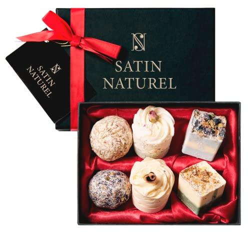 Satin Naturel 6er Set BIO Badebomben – Vegane Wellness Geschenkbox für Sie – Luxuriöse Badekugeln – Geburtstagsgeschenk für Frauen