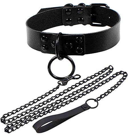 Jurxy Lederhalsband Halskette Kreis Damen Leder Choker Metall Ring Halsband Gotik Punk Rock Lederband Einstellbar Kragen mit Zugkette – Schwarz