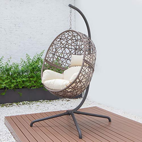 Harrier - Silla colgante de huevo con soporte (2 tamaños), diseño de huevo de ratán con soporte (asiento único, marrón y crema)