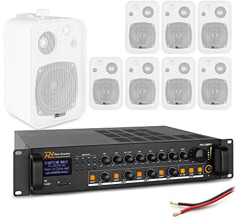 Power Dynamics 4-Zone Wall Mount Speaker System with Bluetooth Mixer Amplifier, 8x 4 White Background Speakers, Cafe Restaurant Shop Commercial Audio PA Sound Installation