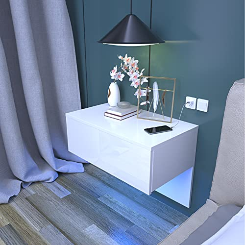 Dripex Nachttisch hängende in Weiß Hochglanz, Wandregal Nachtschrank mit Schublade, Holz Möbel Nachtkommode schwebend mit LED Beleuchtung,60 x 46 x 35 cm