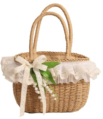 GK-O Mori Mädchen Handgefertigte Strohtasche Handtasche Korb Gewebte Tasche Sweet Knit Lolita Spitze Tasche Sommer Rattan Tasche, Khaki