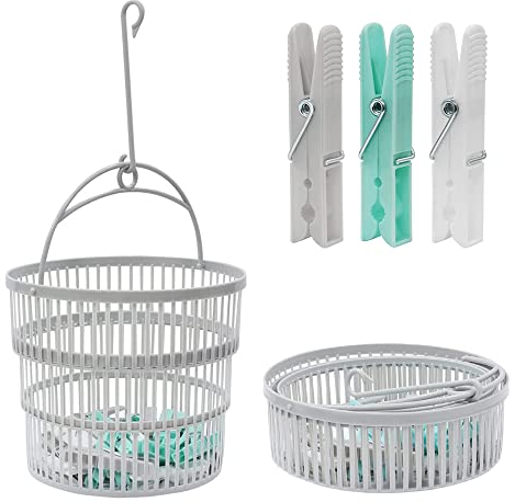 Collapsible Clothes Peg Basket for Washing Line with Hanger & 50 Pcs Multicoloured Clothes Pegs for Washing Line Strong and Durable Plastic Washing Pegs for Heavy Laundry